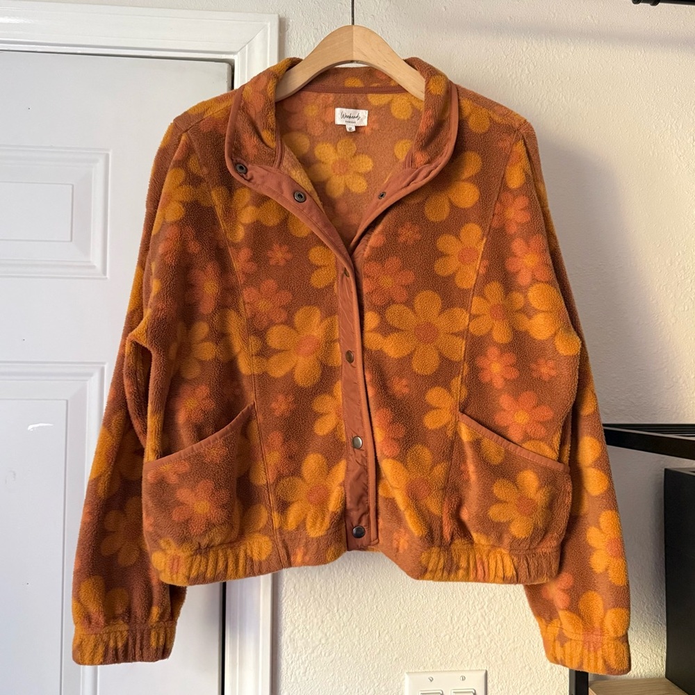 WEEKENDS EVERYDAY Orange rust fleece snap button up boxy cropped‎ jacket